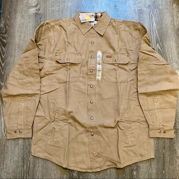 Carhartt Other - Carhartt Men’s Canvas Shirt Jacket Flannel Lined Long Sleeve Tan Tall Large